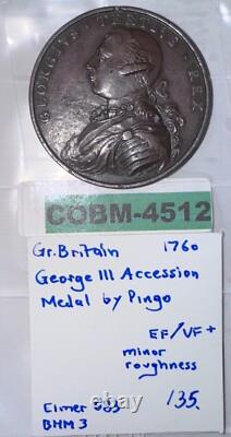 RARE BRITISH CORONATION MEDAL King George III 1760 Very Nice Bronze COBM-4512