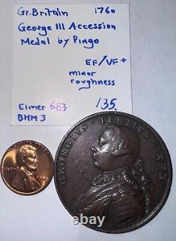 RARE BRITISH CORONATION MEDAL King George III 1760 Very Nice Bronze COBM-4512