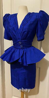 Saint Romei VTG Neiman Marcus Royal Blue Peplum Silk Skirt Suit Sz-6VERY RARE