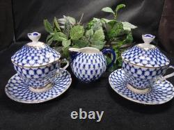 Used Imperial Porcelain Cobalt Net Creamer Cup Saucer With Lid Very Rare