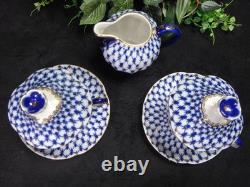 Used Imperial Porcelain Cobalt Net Creamer Cup Saucer With Lid Very Rare