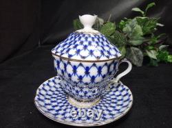 Used Imperial Porcelain Cobalt Net Creamer Cup Saucer With Lid Very Rare