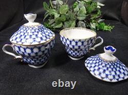Used Imperial Porcelain Cobalt Net Creamer Cup Saucer With Lid Very Rare