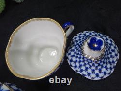 Used Imperial Porcelain Cobalt Net Creamer Cup Saucer With Lid Very Rare