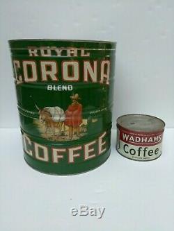 VERY RARE ANTIQUE VINTAGE KEYWIND COFFEE TIN CAN ROYAL CORONA 15lb HUGE SIZE