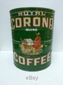 VERY RARE ANTIQUE VINTAGE KEYWIND COFFEE TIN CAN ROYAL CORONA 15lb HUGE SIZE