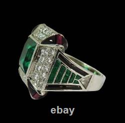 Very Fine Rare Art Deco 4.02CT Emerald, Ruby, White CZ & Onyx Royal Look Ring