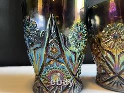 Very Rare Imperial Glass 474 Peacock Revival Carnival Glass Mug Pair