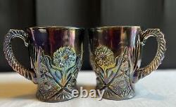 Very Rare Imperial Glass 474 Peacock Revival Carnival Glass Mug Pair