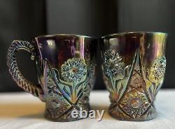 Very Rare Imperial Glass 474 Peacock Revival Carnival Glass Mug Pair