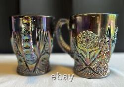 Very Rare Imperial Glass 474 Peacock Revival Carnival Glass Mug Pair