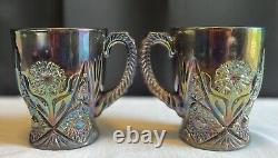 Very Rare Imperial Glass 474 Peacock Revival Carnival Glass Mug Pair