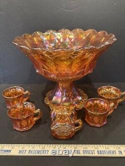 Very Rare Imperial Heavy Grape Marigold Punch Bowl With Base And 5 Cups