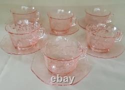 Very Rare Imperial Pink Depression Glass Etched Bel Aire 6 Cups & 6 Saucers Set