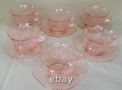 Very Rare Imperial Pink Depression Glass Etched Bel Aire 6 Cups & 6 Saucers Set