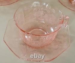 Very Rare Imperial Pink Depression Glass Etched Bel Aire 6 Cups & 6 Saucers Set