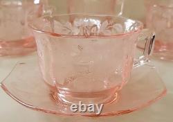 Very Rare Imperial Pink Depression Glass Etched Bel Aire 6 Cups & 6 Saucers Set