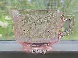 Very Rare Imperial Pink Depression Glass Etched Bel Aire 6 Cups & 6 Saucers Set