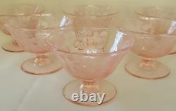 Very Rare Imperial Pink Depression Glass Etched Bel Aire 6 LOW SHERBETS MINT