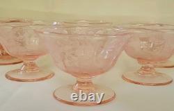 Very Rare Imperial Pink Depression Glass Etched Bel Aire 6 LOW SHERBETS MINT