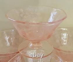 Very Rare Imperial Pink Depression Glass Etched Bel Aire 6 LOW SHERBETS MINT