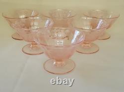 Very Rare Imperial Pink Depression Glass Etched Bel Aire 6 LOW SHERBETS MINT
