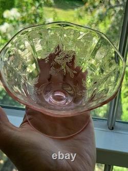 Very Rare Imperial Pink Depression Glass Etched Bel Aire 6 LOW SHERBETS MINT