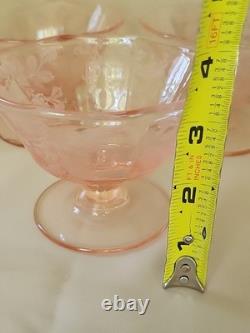 Very Rare Imperial Pink Depression Glass Etched Bel Aire 6 LOW SHERBETS MINT