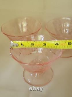 Very Rare Imperial Pink Depression Glass Etched Bel Aire 6 LOW SHERBETS MINT