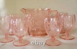 Very Rare Imperial Pink Depression Glass Etched Bel Aire Pitcher & 6 Glasses Set