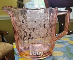 Very Rare Imperial Pink Depression Glass Etched Bel Aire Pitcher & 6 Glasses Set