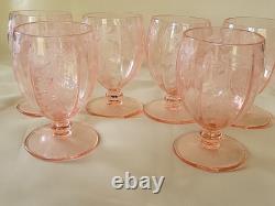 Very Rare Imperial Pink Depression Glass Etched Bel Aire Pitcher & 6 Glasses Set