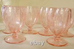 Very Rare Imperial Pink Depression Glass Etched Bel Aire Pitcher & 6 Glasses Set