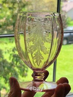 Very Rare Imperial Pink Depression Glass Etched Bel Aire Pitcher & 6 Glasses Set