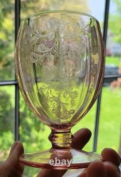 Very Rare Imperial Pink Depression Glass Etched Bel Aire Pitcher & 6 Glasses Set