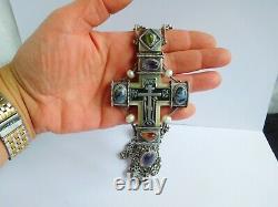 Very Rare Large Imperial Russian Silver & Enamel Pectoral Cross & Chain