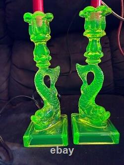 Very Rare Pair Of Vaseline Glass Koi Fish Dolphin Candlesticks Mma Reproduction