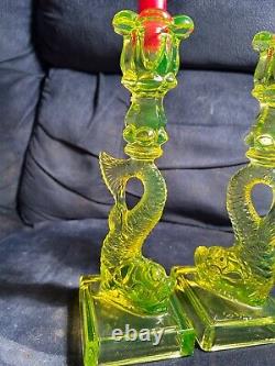 Very Rare Pair Of Vaseline Glass Koi Fish Dolphin Candlesticks Mma Reproduction