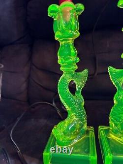 Very Rare Pair Of Vaseline Glass Koi Fish Dolphin Candlesticks Mma Reproduction