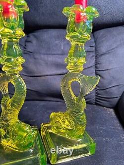 Very Rare Pair Of Vaseline Glass Koi Fish Dolphin Candlesticks Mma Reproduction