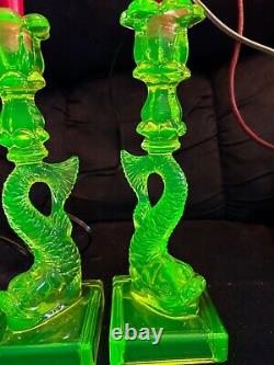 Very Rare Pair Of Vaseline Glass Koi Fish Dolphin Candlesticks Mma Reproduction