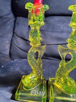 Very Rare Pair Of Vaseline Glass Koi Fish Dolphin Candlesticks Mma Reproduction