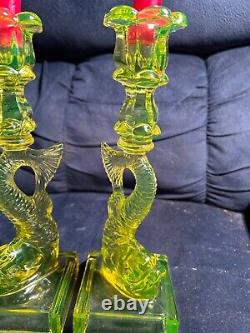 Very Rare Pair Of Vaseline Glass Koi Fish Dolphin Candlesticks Mma Reproduction