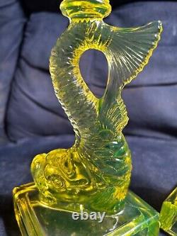 Very Rare Pair Of Vaseline Glass Koi Fish Dolphin Candlesticks Mma Reproduction