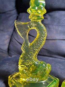 Very Rare Pair Of Vaseline Glass Koi Fish Dolphin Candlesticks Mma Reproduction