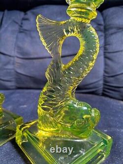 Very Rare Pair Of Vaseline Glass Koi Fish Dolphin Candlesticks Mma Reproduction