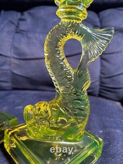 Very Rare Pair Of Vaseline Glass Koi Fish Dolphin Candlesticks Mma Reproduction