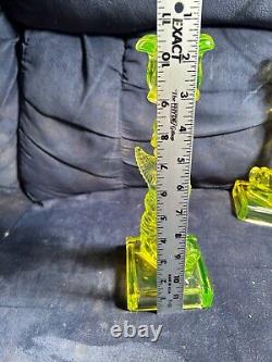 Very Rare Pair Of Vaseline Glass Koi Fish Dolphin Candlesticks Mma Reproduction