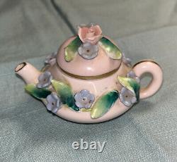 Very Rare Pink Mini Teapot with handmade Rose and Violets By Royal Windsor China