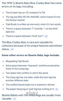 Very Rare Ty Beanie Baby Clubby Official Club Bear Royal Blue 7-7-98 Errors